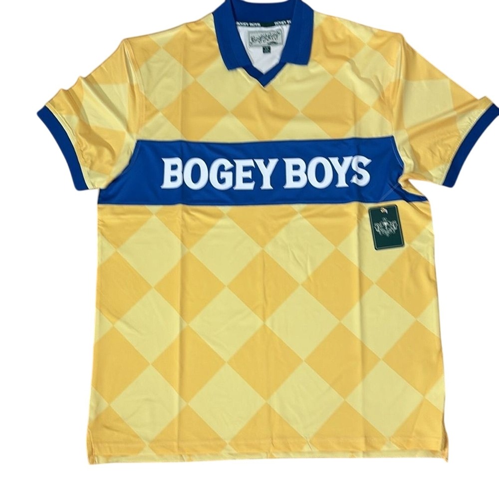 Bogey Boys Polo Shirt Yellow Argyle Diamond Performance Golf Men's L NWT
